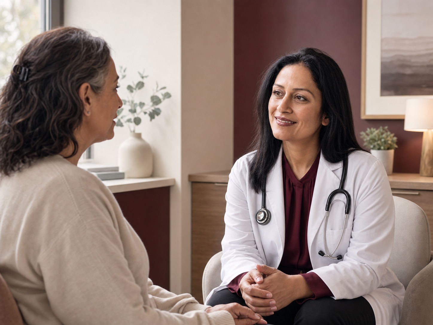 Apurva Vanguri-Weeks talking with a patient in a welcoming consultation room