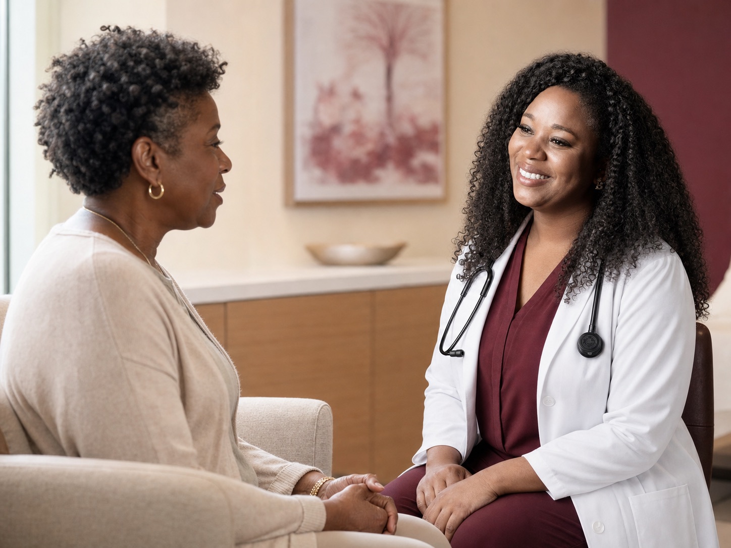 Brittanie Bell talking with an African American patient in a welcoming consultation room